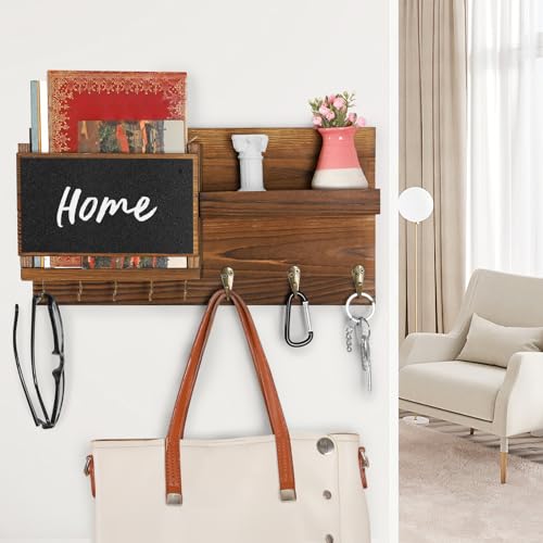 Decorative Key Hanging Rack with 8 Hooks – Easy Install Natural Wooden Key and Mail Holder for Wall Mount – Sunglasses Wallet Holder Entryway Decor with Shelf and Chalkboard (Brown) - color: Brown