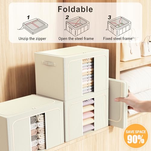 Clothes Storage Bins with Metal Frame, Foldable Clothes Organizers Storage Containers for Clothes, Sheets, Blankets, Pillows and Towels (24L, 3 Pack) Beige - color: Beige, size: 24L（15.7“X11.81"X7.87")