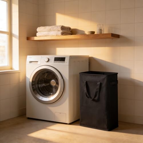 ZERO JET LAG Slim Laundry Hamper With Handles Collapsible Laundry Basket Thin Dirty Clothes Basket Narrow Laundry Bag Foldable Dirty Clothes Hamper 45L (24 inches,Black) - color: Black- With Handles