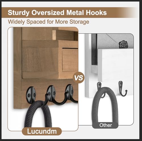 Key Holder Wall Mount, Mail Holder with Storage Drawer and 5 Key Hooks for Coat, Dog Leash, Home Decor Rack, House Accessories, Entry Way Organizer (Light Brown) - color: Light Brown, size: Standard - 11.8 Inch
