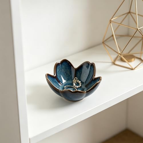 Floral Ceramic Jewelry Tray - 3.5" Elegant Ring Holder Dish & Trinket Bowl for Vanity Dresser Decor (blue) - color: blue