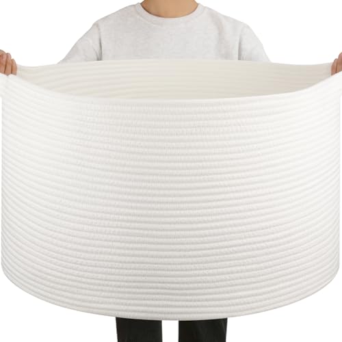 OIAHOMY 90L Blanket Basket for Living Room, Large Basket 23" x 23" x 13" with Handle, Laundry Hamper for Blankets, Pillows, Toy Storage for Kids, Dogs - White - color: White, size: 23" x 23" x 13"