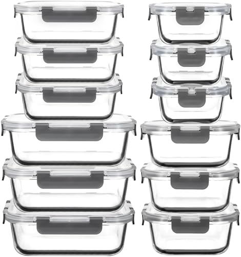 AILTEC 12 Pack Glass Food Storage Containers with Lids, Glass Meal Prep Containers Set with Leak Proof Lids, Airtight Lunch Container for Kitchen, Microwave, Oven, Freezer, Dishwasher Safe, Bpa free - color: gray