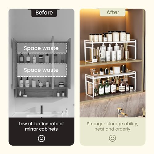 1pcs Medicine Cabinet Organizer Stretchable Storage Box for Bathroom Stackable Mirror Cabinets Vanity Small Narrow Shelf Slim Trays Holder (White, Normal)