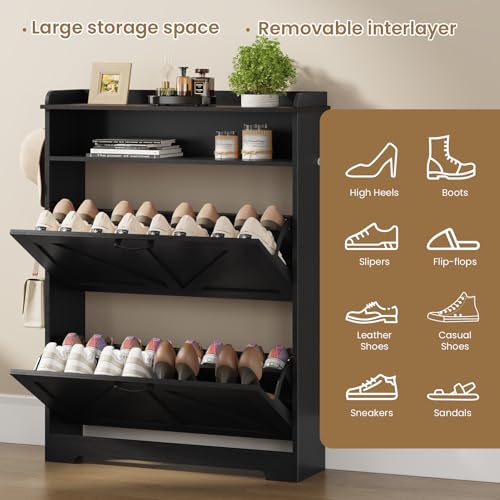Shoe Cabinet Organizer with 2 Flip Drawers, Farmhouse Narrow Shoe Cabinet with 2 Adjustable Shelves & 2 Hooks, Shoe cabinet storage for entryway, Foyer, Hallway, Black, 31.5"W x 8.7"D x 41.7"H - color: Black, size: 2 Drawers with Shelf