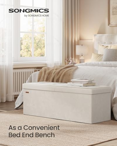 SONGMICS Mazie Collection - 43 Inches Storage Ottoman, Foldable Storage Bench with Flipping Lid, 660 lb Load Capacity, for Entryway, Living Room, Bedroom, Velvet Fabric, Cream White ULSF078LH01 - color: Cream White, size: 15"D x 43"W x 15"H