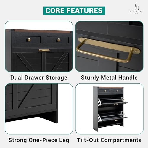 Naomi Home Berenice 32.68" Farmhouse Shoe Cabinet for Entryway with 2 Flip Drawers and 2 Storage Drawers - Slim Narrow Shoe Storage Cabinet, Black Shoe Organizer Cabinet - color: Black