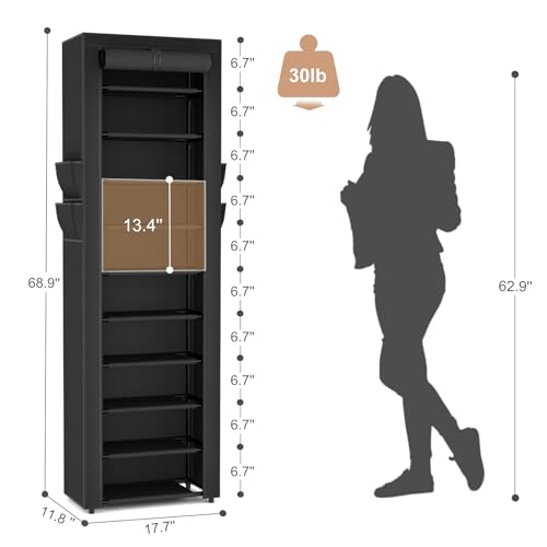 VTRIN Vertical Narrow Shoe Rack Organizer 10 Tier Tall Shoe Shelf Holds 20-22 Pairs with Non-Woven Dustproof Cover for Closet, Entryway Black - color: Black, size: 17.7"W x11.8"D x 68.9"H