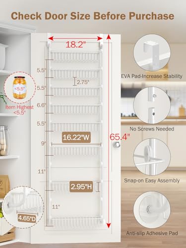 Delamu Over The Door Pantry Organizer, 8-Tier Pantry Door Organizers and Storage with Adjustable Basket, Metal Hanging Spice Rack, Seasoning Organizer, Door Organizer for Home Kitchen Bathroom, White - color: White, size: 8 Tier