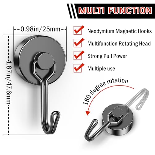FINDMAG Black Magnetic Hooks, 60 LB+ Magnetic Hooks Heavy Duty 2026 Cruise Ship Essentials, Strong Neodymium Magnet Hooks for Refrigerator, Workplace, Curtain, Locker Accessories, Home - 6 Pack - color: Black, size: 6Pack 60Lbs+