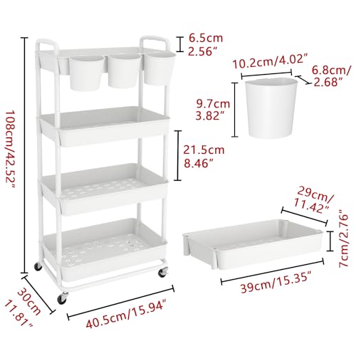 JIUYOTREE 4-Tier Plastic Rolling Storage Cart Utility Cart with Extra Hanging Cups Handles Lockable Wheels for Living Room Bathroom Kitchen Office White - color: White, size: 4-Tier