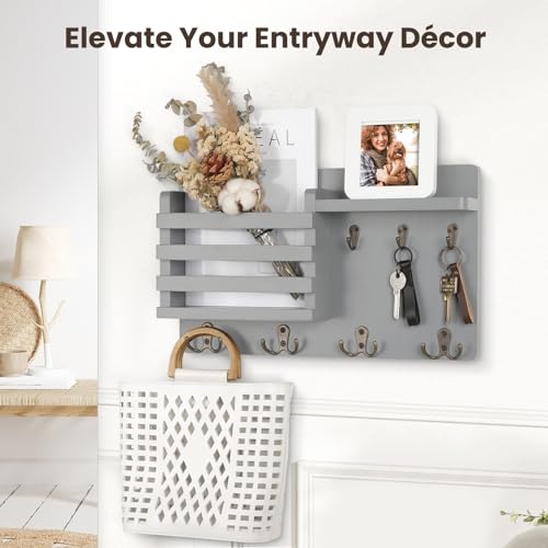 Nekon Mail Holder for Wall Mail Organizer with Key Hooks Hallway Farmhouse Decor Storage Racks with Floating Shelf and Flush Mount Hardware (16.8Inch x 10Inch x 3.2Inch) (Gray) - color: Gray