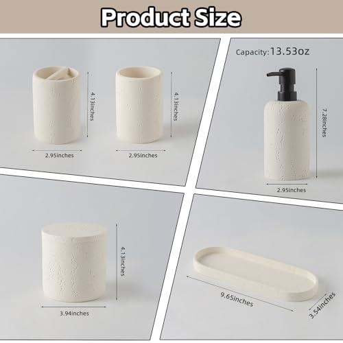 Bathroom Accessories Set, Travertine Stone-Look, 6 PCS Bathroom Accessory Set with Soap Dispenser, Toothbrush Holder, Tumbler, Vanity Tray, Cotton Swab Jars for Countertop (Off White 6 PCS) - color: Off White 6 Pcs