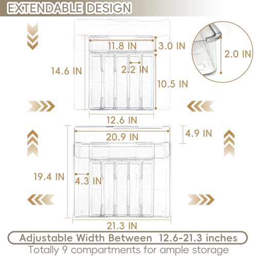 Expandable Silverware Organizers for Kitchen Drawer, Clear Utensil Drawer Organizer Tray, Adjustable Cutlery Flatware Holder for Spoon Fork Knife, Plastic Spatula Tools Gadgets Storage Divider