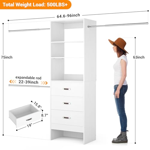 Homieasy 96 Inches Closet Organizer System, 8FT Customizable Walk In Closet Organizer with Hanging Rods, 3 Drawers Garment Rack with Leather Handle , 96" L x 16" W x 75" H, Max Load 1000 LBS, White - color: White