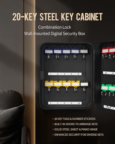 Uniclife 20 Position Key Cabinet with Combination Lock Resettable Black Digital Security Storage Box Steel Key Organizer with Colorful Key Tag Labels Stickers and Hooks - color: Black, size: 20 Keys