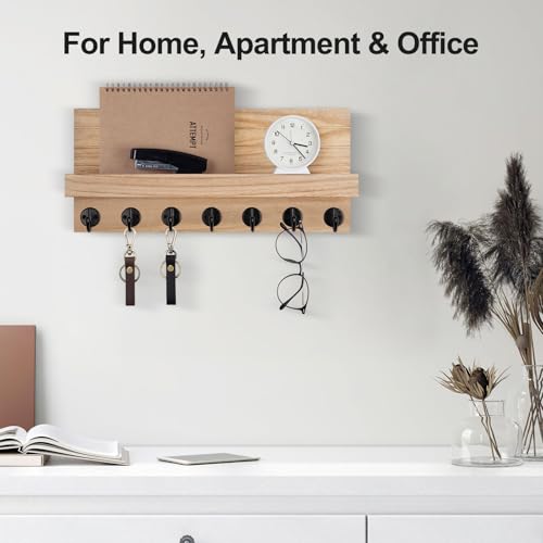 Lwenki Key Holder Wall Mount, Entryway Key and Mail Holder with 7 Sturdy Hooks for Sunglasses, Dog Leash, Decorative Wall Shelf with Mounting Hardware, 15”W x 6.7”H x 4.2”D (Wood) - color: Wood