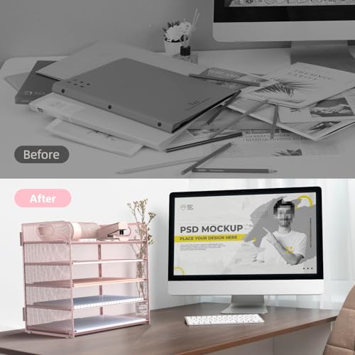 Sinboun Letter Tray Paper Organizer 5-Tier Desk Organizer File Organizer Paper Holder with Handle, Metal Desktop Document Shelf Tray Office Classroom Organization - Pink, PK5CENGTISHOU - color: Pink