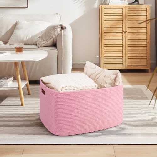 OIAHOMY 75L Blanket Basket, Woven Cotton Rope Basket for Organizing 22”x17”x12”, Used for Living Room, Bedroom, Nursery, Pink - color: Pink, size: 22”x17”x12”