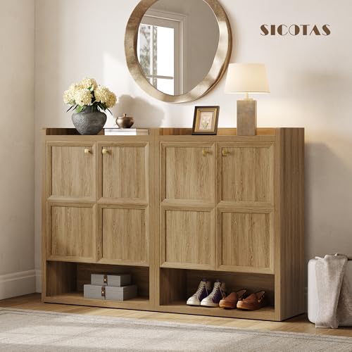 SICOTAS Shoe Cabinet Storage for Entryway - 24-Pair Shoe Cabinets with Doors and Adjustable Shelves, Modern 33.9" Wide 7-Tier Shoes Storage Cabinet for Hallway Mudroom Closet Living Room, Brown Oak - color: Brown Oak, size: 1 Piece