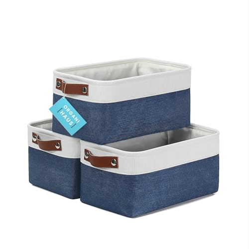 OrganiHaus Small Fabric Storage Baskets 3 Pack, 12x8in Cloth Storage Bins for Shelves, Small Baskets for Organizing Pantry Closet, Canvas Shelf Baskets, Navy Blue/Off-White - color: Navy Blue / Off-White, size: Small - 3pc