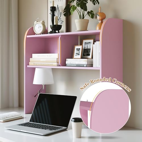 Wooden Desktop Bookshelf 37", 3-Tier Rounded-Edge Desk Storage Organizer, Space-Saving Countertop Shelf for Office Dorm Home, Pink - color: Pink