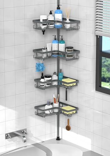 KEGII Corner Shower Caddy Tension Pole - Rustproof Tension Rod Organizer, Floor to Ceiling Shower Caddy 25-114.2 inch, Bathroom Storage Rack Corner Waterproof, Dark Gray - style: Tension Caddy - Dark Gray