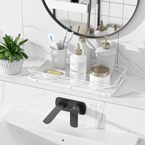 Lixple Toilet Paper Basket Holder, 13" Toilet Tank Tray, Wood and Metal Toilet Tray Vanity Organizer Bathroom Tray, Kitchen Sink Organizer for Soap Dispenser (White) - color: White