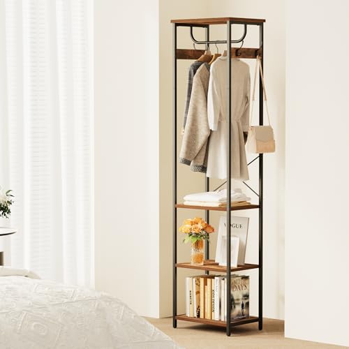 Coat Rack With Hanging Rod, Garment Rack With 3 Wooden Shelves and 4 Hooks, Freestanding Hall Tree, Industrial Clothes Rack Stand Organizer, Rustic Brown and Black - color: Rustic Brown and Black, style: with Top Shelf