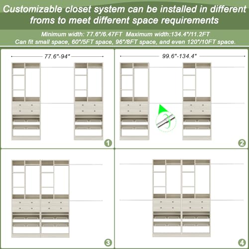 Besiost Closet System, Up to 134"/11.2 FT Closet Organizer with 4 Wooden Drawers and Shelves, Walk-in Closet System with 6 Hanging Rods, Built-in Closet Can Fit 96"/8FT, 120"/10FT, Greige Oak - color: Greige Oak, size: Style A: 77.6"—134"(W)