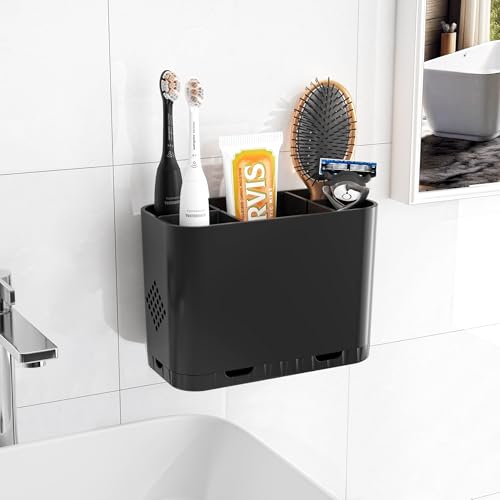 Toothbrush and Toothpaste Holders for Bathrooms Countertop - Detachable 5 Slots Kids Electric Toothbrush Holders Set Wall Mounted with Removable Dividers for Bathroom Decor and Accessories Organizer - color: Black