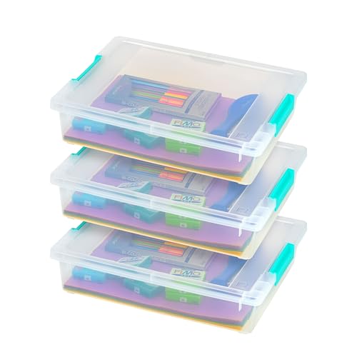 IRIS USA 6 Qt. Craft Storage Bins with Lids, 3-Pack, |Made in USA|, Clip Box, Small Plastic Sensory Bin Tote Organizer Containers for Art Supplies, Paper, & Office, Stackable - Clear/Seafoam Blue - size: 6 Qt. - 3 Pack