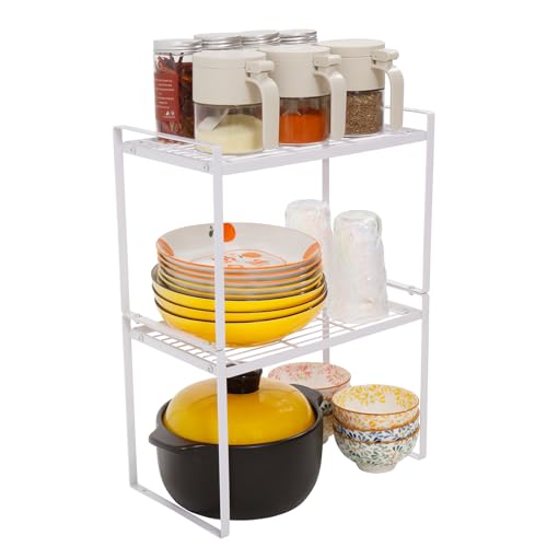 MiaLi Cabinet Organizer Shelf, Set of 2 Metal Counter Shelves Spice Rack, Stackable Kitchen Bathroom Organizers and Storage, White - color: White, size: 7.7"D x 13.7"W x 7.1"H + 7.7"D x 13.7"W x 7.1"H
