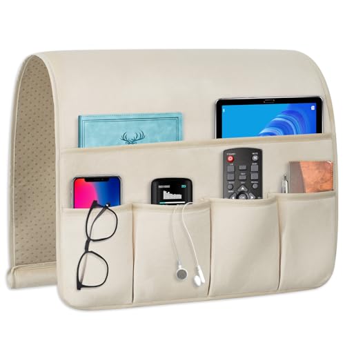 Remote Control Holder for Armchair，Couch Caddy Organizer TV Remote Holder for Bed Storage 5 Pockets，Remote Caddy Bedside Organizer Bedside Table Organizer (Beige, 35''x18'') - color: Beige, size: 35''x18''