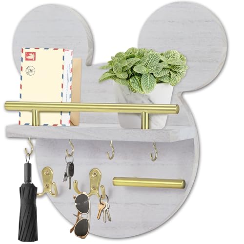 AIRPOP Key Holder for Wall–Mouse Wooden Mail Organizer Wall Mount with Shelf and 6 Hooks, Easy Installation Key Rack Hanger for Entryway Living Room Home Decor(White) - color: White