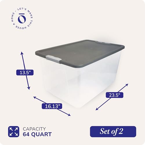 HOMZ 2-Pack Secure Latch, Clear Plastic Storage Organizer Bins, 64 Quart, Gray Lid - Heavy-Duty Container Boxes with Lids for Home, Office, and Garage - color: Gray Lid, size: 64 QT