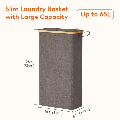 Lifewit 65L Slim Laundry Hamper with Lid, Narrow Laundry Basket with Removable Bag & Bamboo Handles, Fodable Thin Dirty Clothes Hamper for Laundry Collapsible Bin for Bathroom Bedroom Dorm, Brown - color: Brown, size: 65L