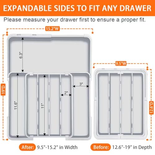 Spaclear Expandable Silverware Drawer Organizer - 7 Compartments BPA-Free Kitchen Utensil Tray, Adjustable 12.6”×9.5" to 19"×15.2", Cutlery Drawer Organizer, Gray - color: Grey, size: M(9.5-15.2"W x 12.6-19"D)