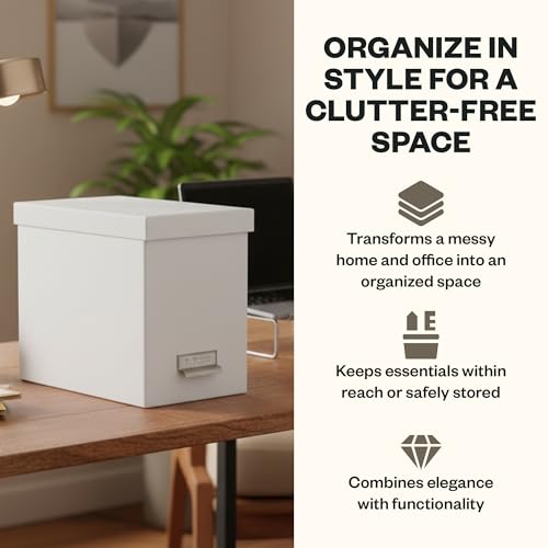 Bigso John Fiberboard Label Frame Desktop File Storage Box - Document Organizer for Important Paperwork - Durable Hanging File Box with a Lid & Metal Label Window - 7.36 x 13.38 x 10.51 in - White - color: White