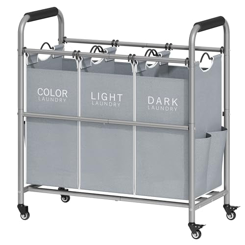 Tajsoon 3 Bag Laundry Sorter Cart, Laundry Hamper Sorter Basket with Heavy Duty Lockable Rolling Wheels for Clothes Storage, Grey & White - color: GreyWhite, size: 3 Bag