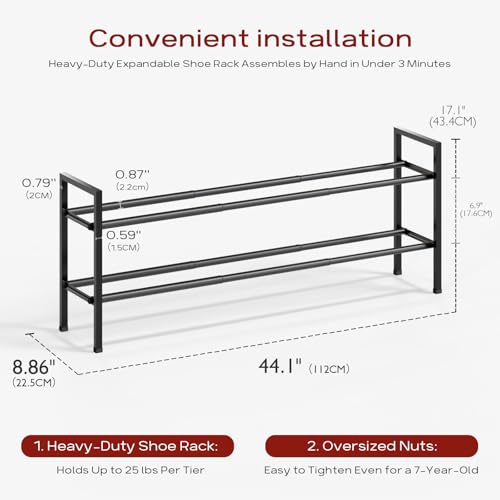 Bumusty 2-Tier Long Expandable Shoe Rack for Closet, 18"-44" Adjustable Shoe Rack for Entryway, 10-12 Pairs Large Shoe Organizer Shelf Storage, Sturdy Metal, Black - color: Black, size: 2-Tier
