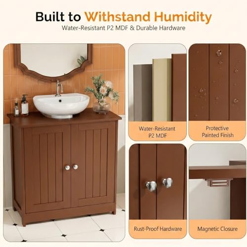 Bonnlo Pedestal Sink Storage Cabinet, 24" Espresso Under Sink Bathroom Storage Cabinet with 2 Doors and Adjustable Shelf, Traditional Bathroom Space Saver Organizer for Small Spaces, Water-Resistant - color: Brown
