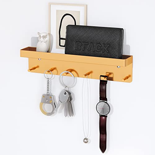 MKO Key Holder for Wall, Mail Organizer and Key Rack with Tray for Hallway, 6 Key Hooks Wall Mount Adhesive(Gold) - color: Gold 1pcs