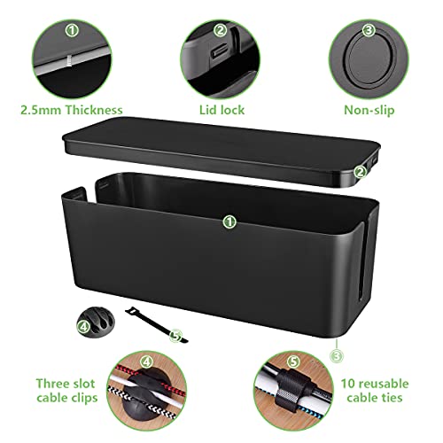 Cable Management Box, Large Cord Organizer Box to Hide Power Strip & Under Desk,TV Computer Wires Cable Organizer Hider Box with Cable Clips&Reusable Cable Ties for Home/Office(Black) - color: Black