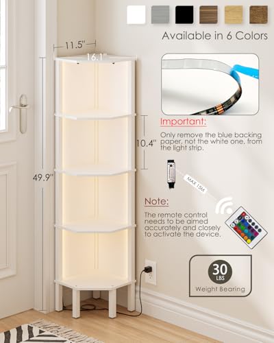 Corner Shelf Stand, 5 Tier Corner Bookshelf with Led Light,Corner Furniture for Bedroom Display Corner Shelf for Small Space,Wood Shelves with Storage Rack for Living Room,Office,White - color: White&led Light