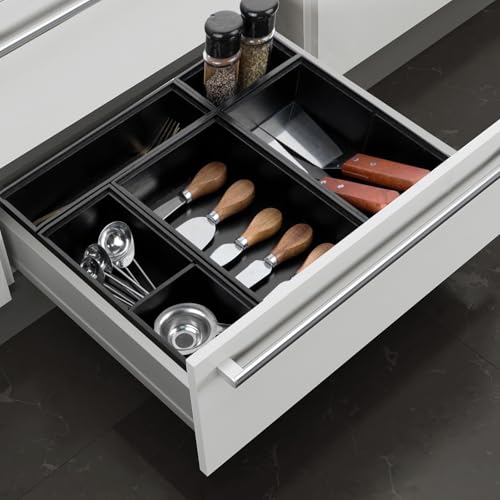 Bamboo Drawer Organizer,5 PCS Black Silverware Tray&Desk Organizers and Storage,Cabinet Divider With Removable Bathroom Organization for Kitchen,Utensils,Junk,Office,Makeup - color: Black, size: 5PCS
