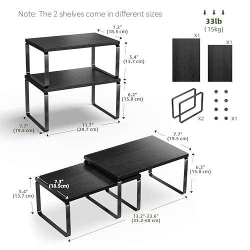 Simple Trending Cabinet Organizer Shelf, Set of 2 Stackable Kitchen Counter Shelves, Expandable Spice Rack Kitchen Storage Riser, Metal Engineered Wood, Black