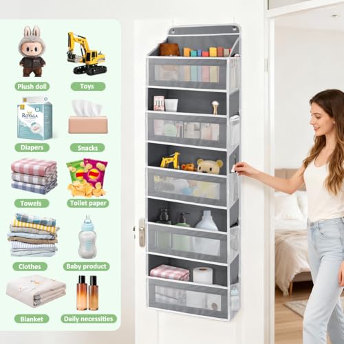 Over The Door Storage Organizer with 5 Extra Large Pockets & Side Mesh Pouches, Hanging Closet Door Organizer for Bedroom, Pantry, Nursery, Anti-Tilt Design, Fits 1.6" Doors-Dark Gray - color: Dark Gray