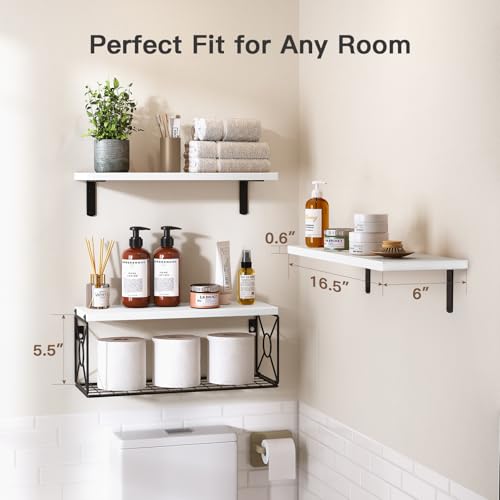 Amada Bathroom Shelves Over Toilet with Storage Basket, Floating Wall Shelf for Home Organization & Wall Decor, Bathroom/Kitchen/Living Room Shelves–White - color: White