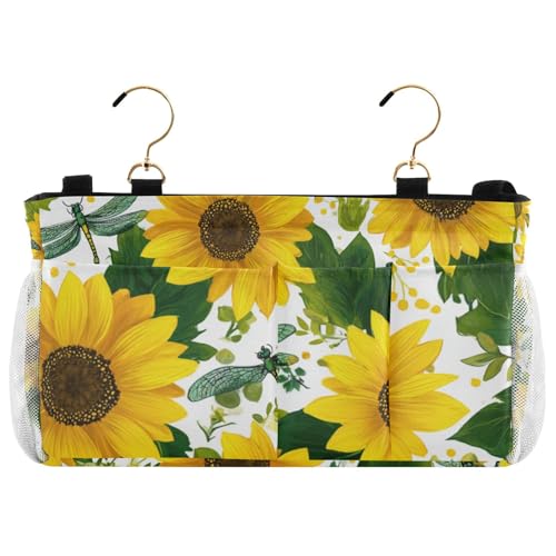 Cute Yellow Sunflowers and Dragonflies Bedside Caddy for Dorm Bed Bedside Hanging Caddy Bag Iron Frame Storage Organizer Pocket for Bunk Home College Hospital Beds 2 Hooks